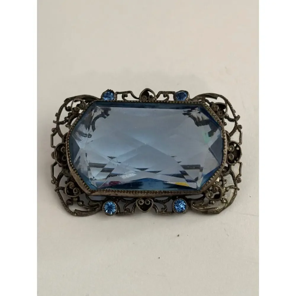 Vintage Silver Tone Irnate Broodh Blue Glass Stone